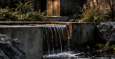 Water cascading through a landscape-integrated collection feature.