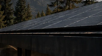 Solar panels on a low-profile roof within a forested property.
