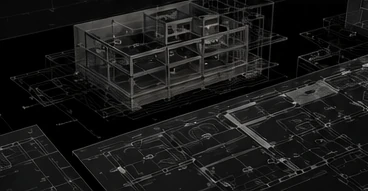 A wireframe building model overlaid on a technical site drawing.