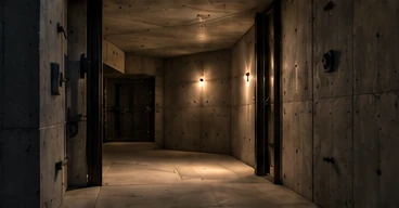 A protected concrete corridor with restrained warm lighting.