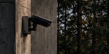 A discreet observation camera mounted on a concrete structure at the forest edge.