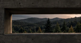 A protected architectural opening framing a secluded mountain landscape.