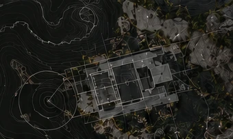 An aerial property plan integrated with surrounding terrain contours.