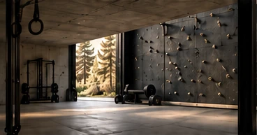 A private concrete training space with fitness equipment and a climbing wall.