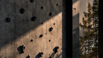 Climbing holds integrated into a concrete wall beside a woodland view.